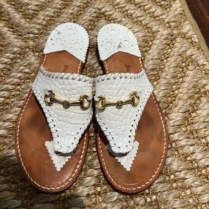 Palm Beach Thong leather croc embossed white sandals -gold horse bit buckle